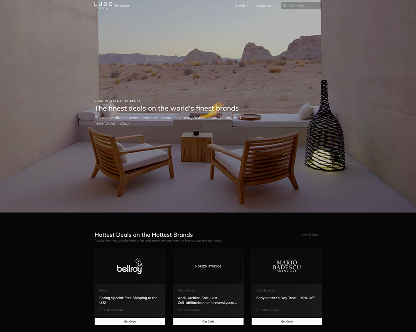 The Luxe Digital Privileges member-facing platform, showing live offers pulled from partner networks.