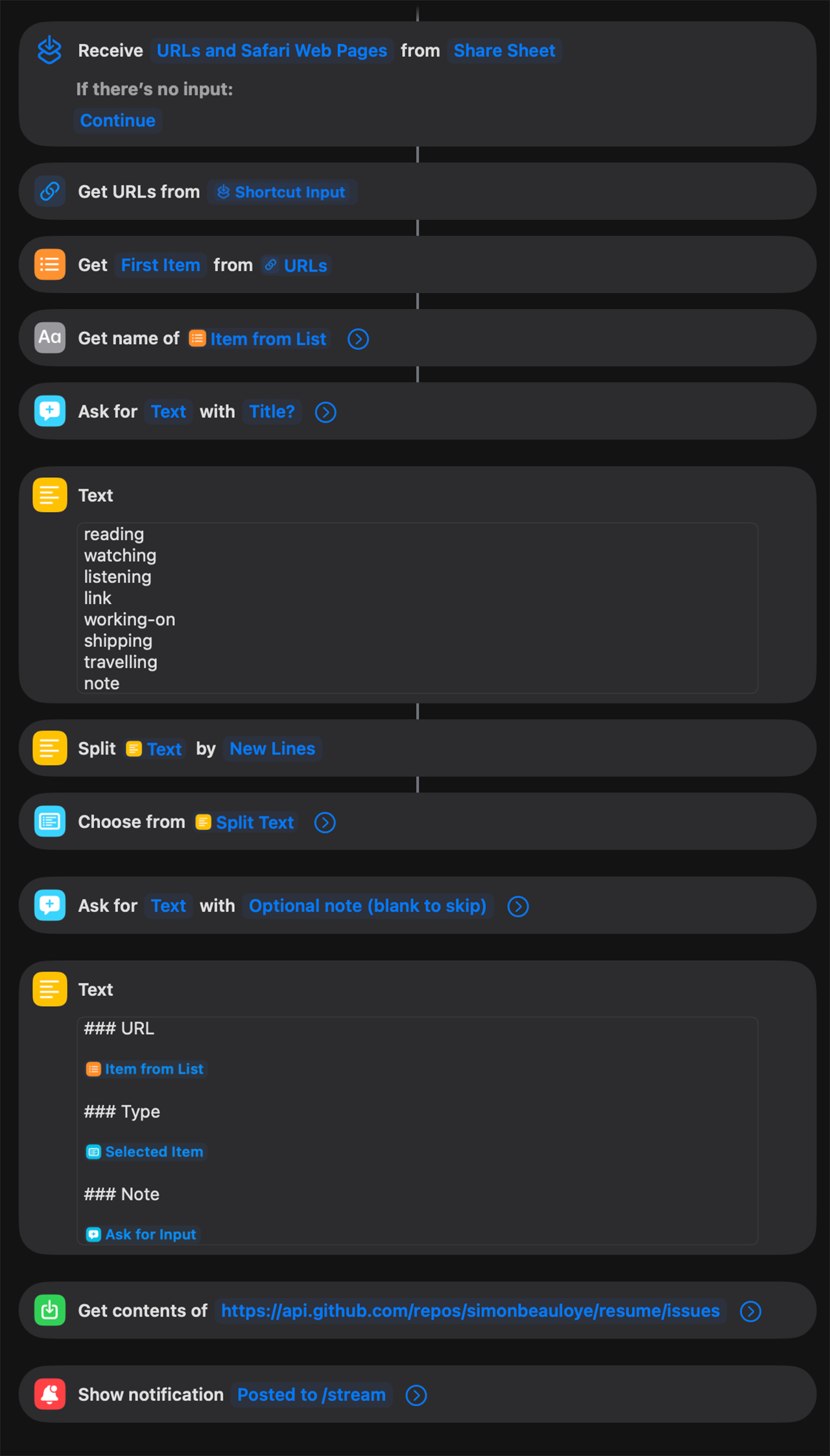 The Post to /stream Apple Shortcut canvas on iOS, showing the eleven actions stacked top to bottom.