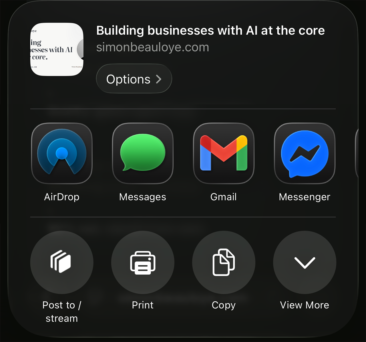 iPhone share sheet on a Safari article, with the 'Post to /stream' Shortcut visible in the actions row.